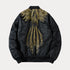 Phoenix Embroidered Bomber Jacket with gold embroidery, mandarin collar, and ribbed sleeves.
